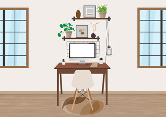 Working area. Space for sitting for work at home office flat cartoon characters. Art, vast, cactus, computer in modern interior.