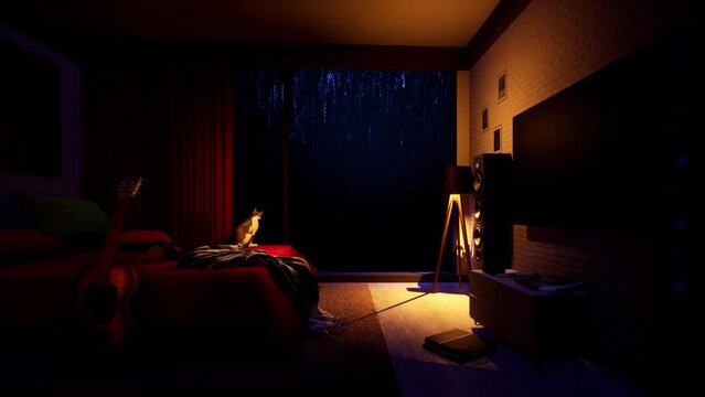 Night thunderstorm with heavy rain outside the window. It's nice to relax in a cozy room and look out the window when it's raining.