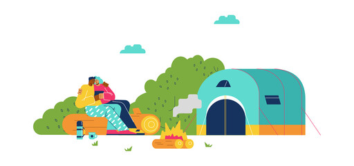 Happy couple drinking tea by the fire, camping or glamping concept, flat vector illustration isolated on white.