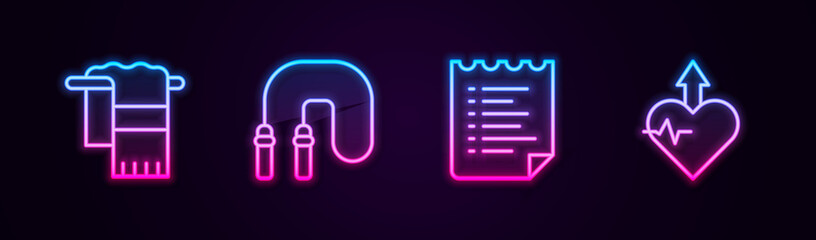 Set line Towel on hanger, Jump rope, Sport training program and Heartbeat increase. Glowing neon icon. Vector