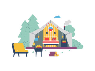 Fototapeta premium Comfortable glamping tent with bed and fireplace, flat vector illustration isolated on white background.