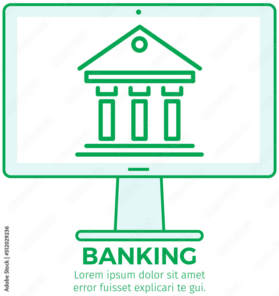 Aufkleber bank building on computer display. financial program for transactions and payments via internet. onl