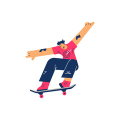 Fototapeta premium Boy skater character jumping on board flat style, vector illustration