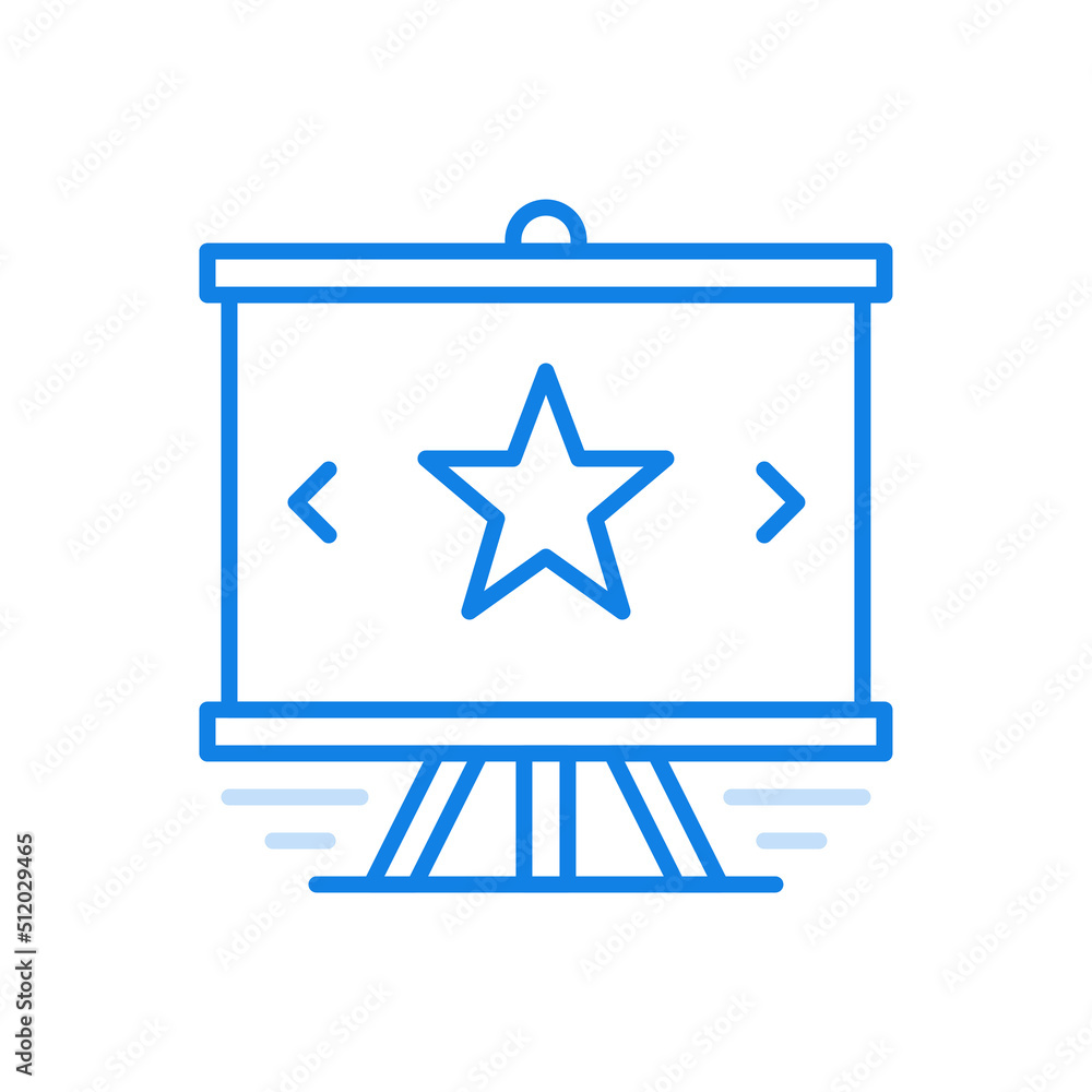 Poster rating star presentation vector line icon. successful review of educational information with maximum