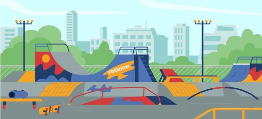 Empty skateboarding area for extreme sports, flat vector illustration.