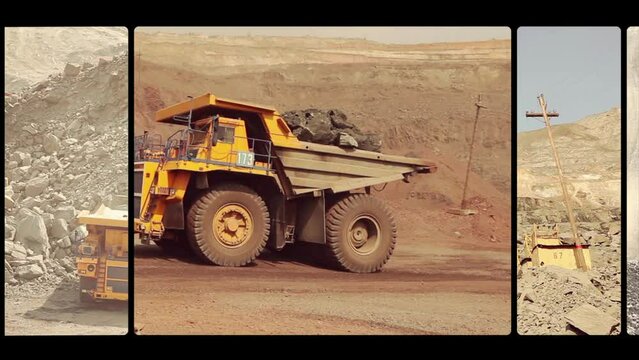 Coal mining. Multiple frames in one video. Big yellow dump truck in a quarry. Work in a large iron ore quarry. A selection of frames from an iron ore quarry