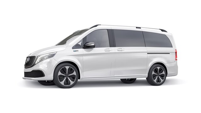 Berlin. Germany. June 14, 2022. White Mercedes-Benz EQV 2020. Electric innovative minivan 3d model isolated on white background. 3d rendering.