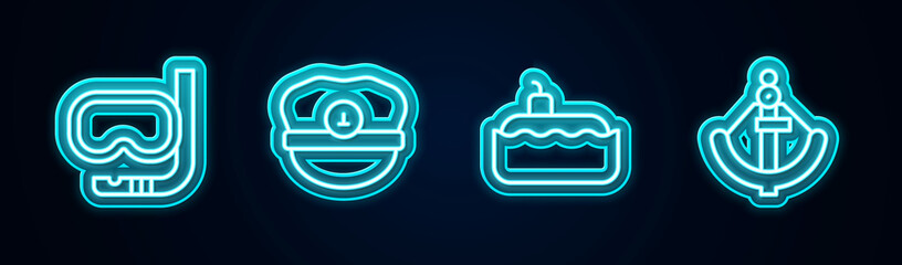 Obraz premium Set line Diving mask and snorkel, Captain hat, Submarine and Anchor. Glowing neon icon. Vector