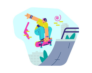 Banner with skateboarder doing a trick, flat vector illustration isolated.
