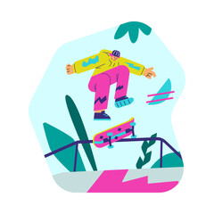 Young boy in cap and sweatshirt jumping on skateboard flat style