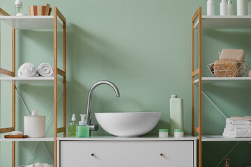 Fototapeta na wymiar Chest of drawers with sink, shelving units and bath accessories near green wall