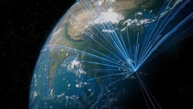 Earth in Space. Blue Lines connect Manila, Philippines with Cities across the World. Global Travel or Communication Concept.