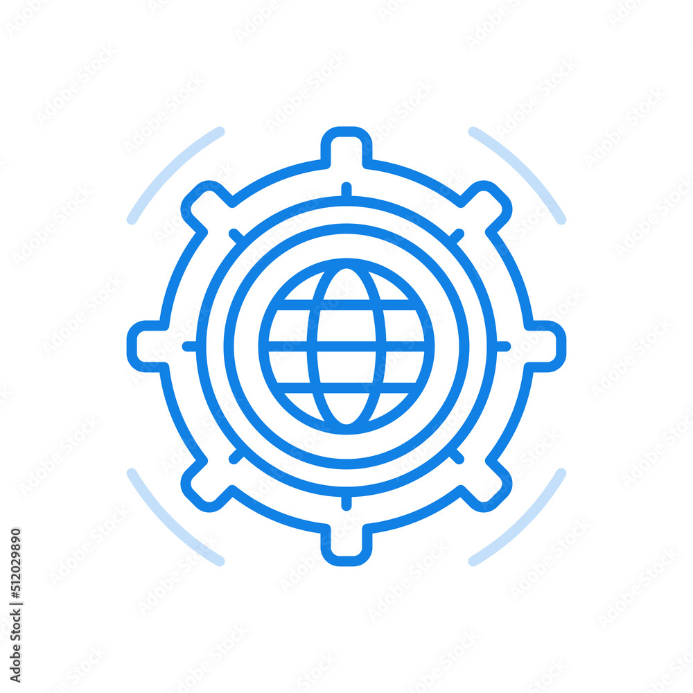Poster global optimization vector line icon. international information retrieval strategy and digital marke