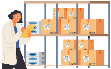 Woman checking stock inventory and making notes. Female employee counting boxes in storage. Lady in lab coat, laboratory assistant during work in storehouse. Warehouse with parcels or packages