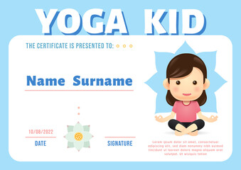 Certificate yoga kids diploma, kindergarten template vector.