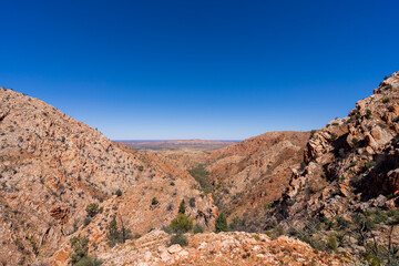 Fototapeta na wymiar View of the rugged terrain on the Larapinta Trail at Standley Chasm, Central Australia.