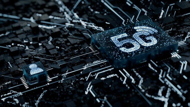 Wireless Technology Concept with 5G symbol on a Microchip. White Neon Data flows between the CPU and the User across a Futuristic Motherboard. 3D render.