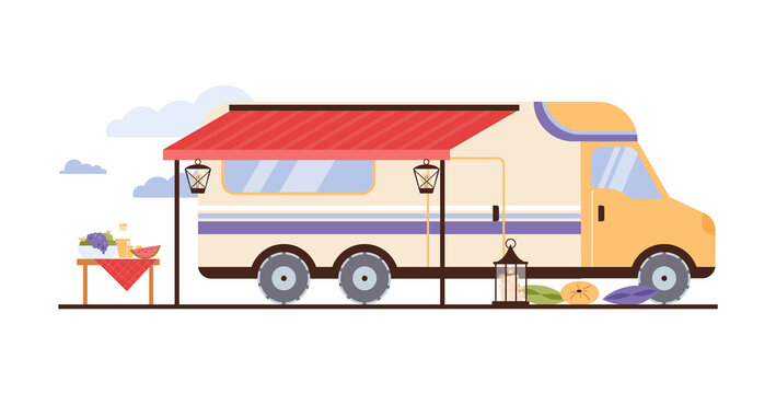 RV travel trailer parked at campsite flat vector illustration isolated.