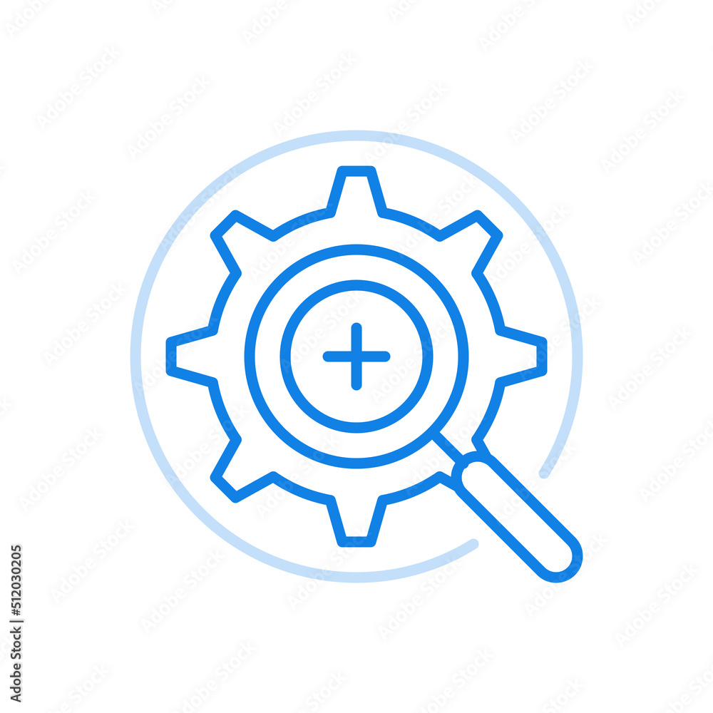 Poster enhanced optimization and analysis of vector line icon. magnifier gear with plus symbol in center.