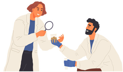 Woman exploring nature and making notes. Researcher analysing natural area. Environmental and ecology research. Scientist conducts ecological experiment. Explorer works researcher analyzes nature