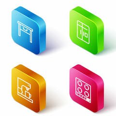 Set Isometric line Furniture nightstand, Refrigerator, Coffee machine and Gas stove icon. Vector