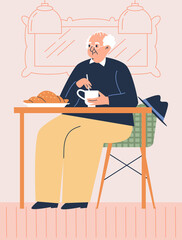 Cute elderly man drinking coffee or tea and eating croissant, cafe interior - flat vector illustration.