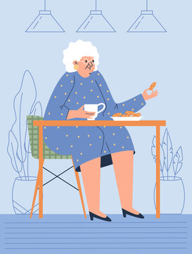 Elderly woman drinking coffee in coffee shop or cafeteria, vector illustration.