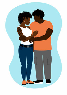 Black couple in love Embracing together. African american man and woman in love. Romantic date. Enamored pair. Vector illustration
