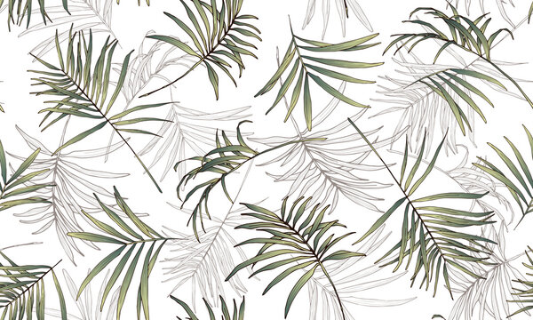 Vector tropical seamless pattern with palm leaves. Bright illustration for wallpaper, fabric, textile, wrapping paper, cover, package. In sketch style. © Gulsim