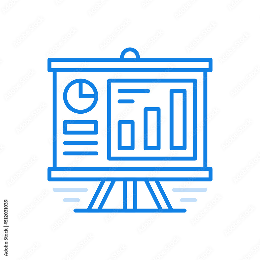 Poster stand with statistical infographics vector line icon. information columns with presentation pie char