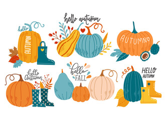 Hello autumn fall season pumpkin set vector - obrazy, fototapety, plakaty