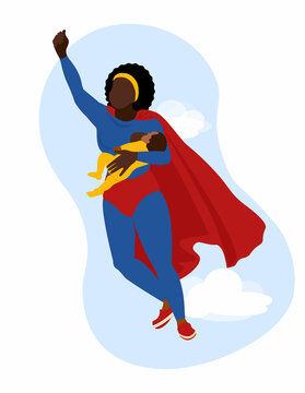 Super Mom with Newborn Baby. Superhero black mother Wearing a red Cape and Flight. African american woman Breastfeeding with her raising her first in the air.