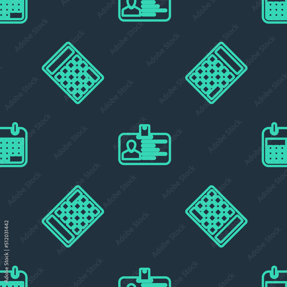 Poster set line identification badge, calculator and calendar on seamless pattern. vector