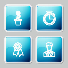 Set line Dollar plant in the pot, Stopwatch, Medal with star and User of man business suit icon. Vector