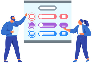 People cooperating and presenting scheme. Workers communicating, discussing plan icon and talking about work strategy in business. Characters demonstrates business diagram vector illustration