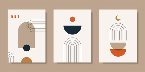 Collection of abstract backgrounds with simple geometric elements. Cover with minimalistic boho style and pastel colors for posters, covers, banners, social media posts © Alex Hariyandi