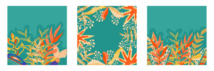 Trendy aestethic boho jungle set flyer. Abstract trendy exotic floral jungle background. Design template. Abstract nature background. Tropical foliage art cover vector.