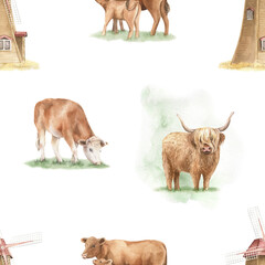 Farm animals seamless pattern. Cows, cattle, windmill, countryside hand drawn watercolor illustration. Summer design for textile, wallpaper, fabric, wrapping paper © Victoria Pak