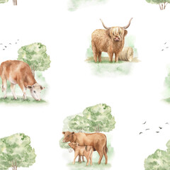 Farm animals seamless pattern. Cows, cattle, countryside hand drawn watercolor illustration. Summer design for textile, wallpaper, fabric, wrapping paper © Victoria Pak