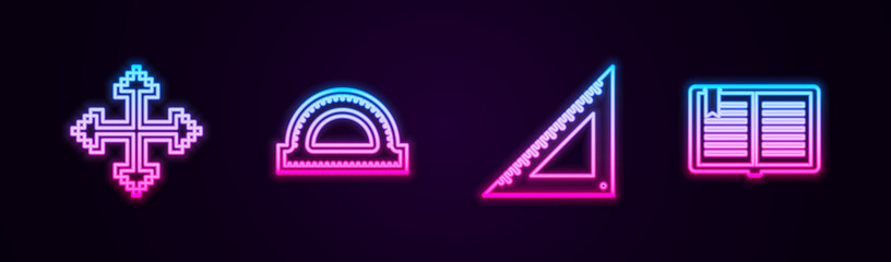 Set line Pixel arrows in four directions, Protractor grid, Triangular ruler and Open book. Glowing neon icon. Vector