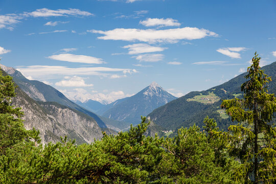Austria, Tyrol, View of Mieming Range with Tschirgant mountain in distant background