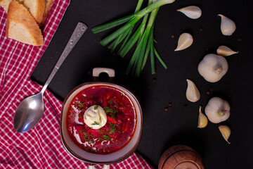 Ukrainian borsch. borscht with chasnyk and greens. national dish of ukraine