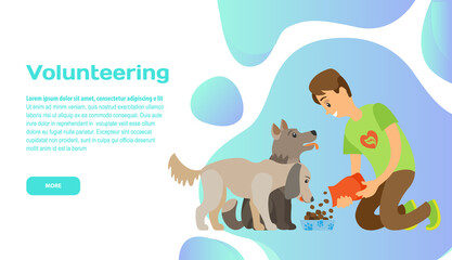 Volunteering online, help homeless animals, assistance. Charity donation website landing page tamplate. Man giving food, feeding stray dogs, houseless pets. Support for puppies in kennel concept
