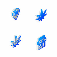 Fototapeta na wymiar Set Isometric line Marijuana or cannabis leaf, Location and marijuana, and store icon. Vector