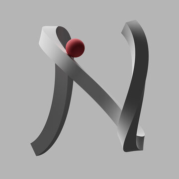 Three dimensional render of red sphere balancing on letter N