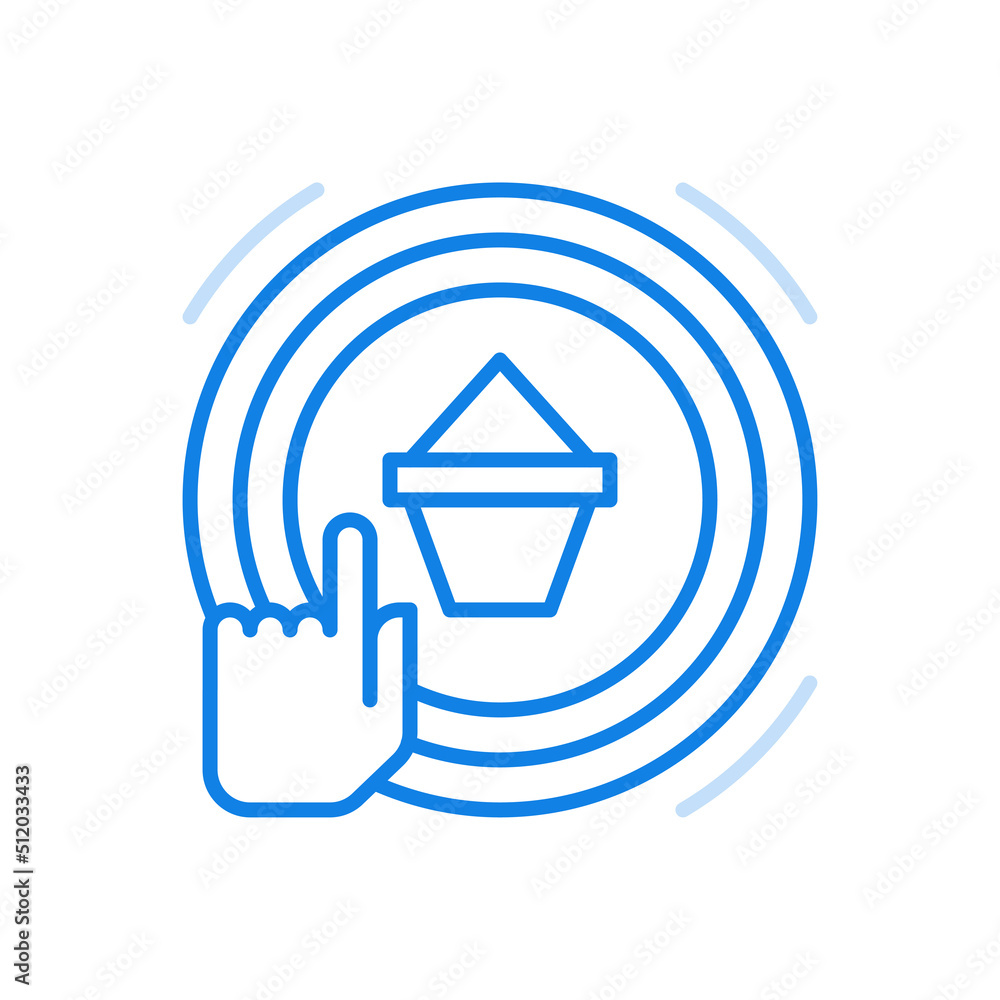 Poster ordering and buying fast food vector line icon. finger clicks button with package in center.