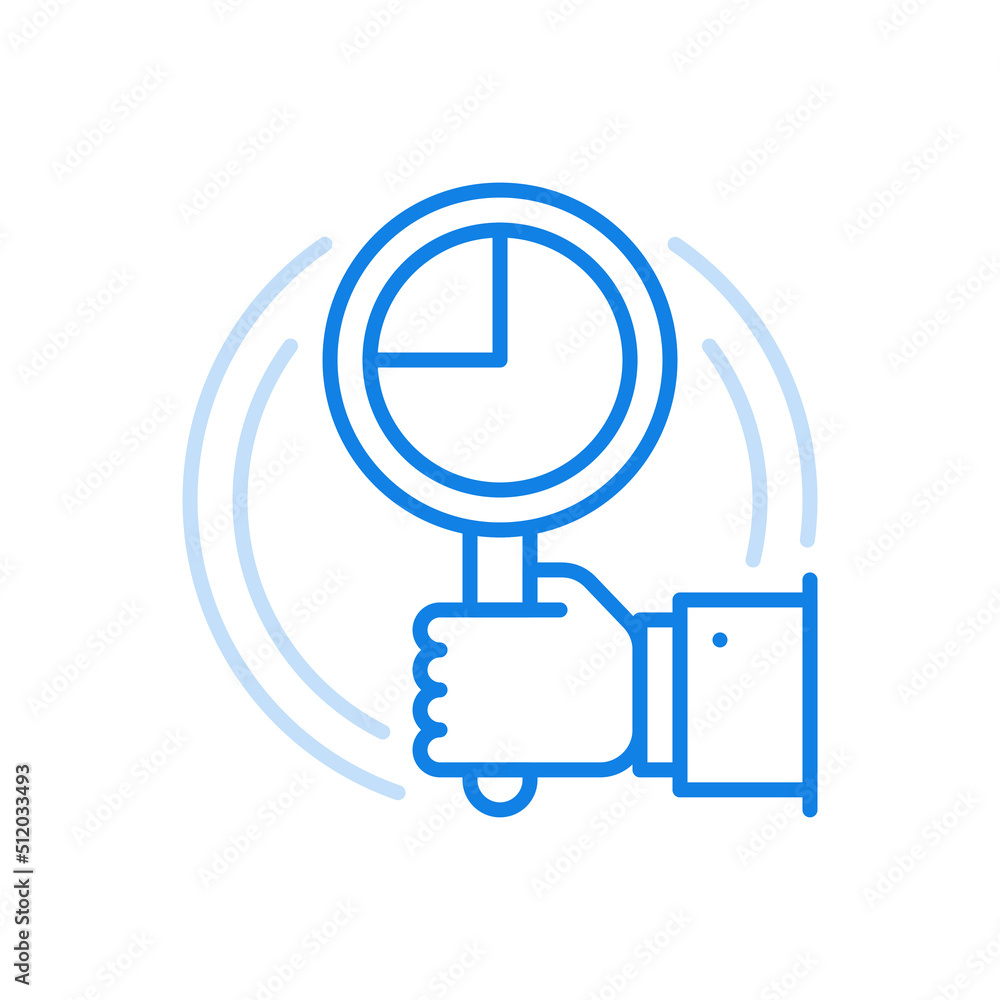 Poster pie chart analysis vector line icon. hand holds magnifying glass with diagram in center.