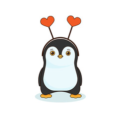 Cute little penguin with a rim with hearts. Children's vector illustration, character