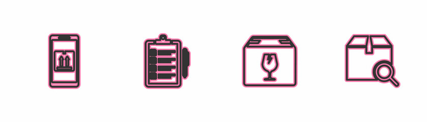 Set line Mobile with app tracking, Delivery box fragile content, Verification of delivery list and Search package icon. Vector