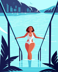 The sea, the beach and the girl comes of the water. Vector illustration.